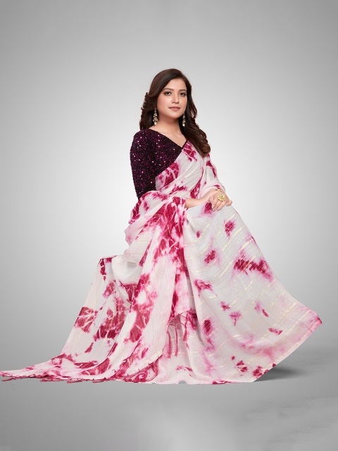 

Mitera White & Pink Printed Zari Saree