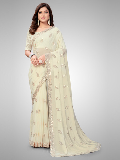 

Mitera Cream-Coloured & Grey Embellished Sequinned Pure Georgette Saree