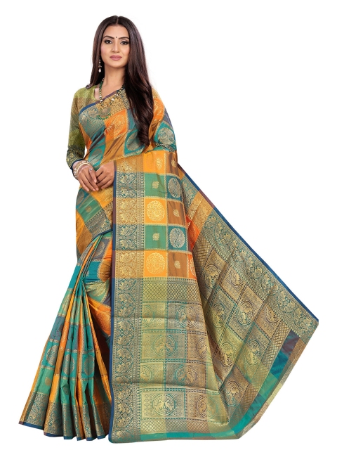 

Rivana Multicoloured & Green Woven Design Zari Silk Blend Banarasi Saree, Multi