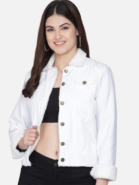 

FurryFlair Women White Outdoor Denim Jacket with Patchwork