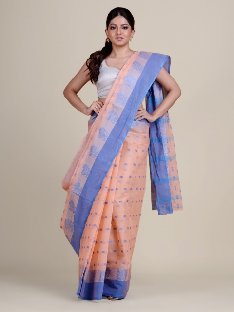 

Charukriti Cream-Coloured & Blue Woven Design Pure Cotton Taant Saree
