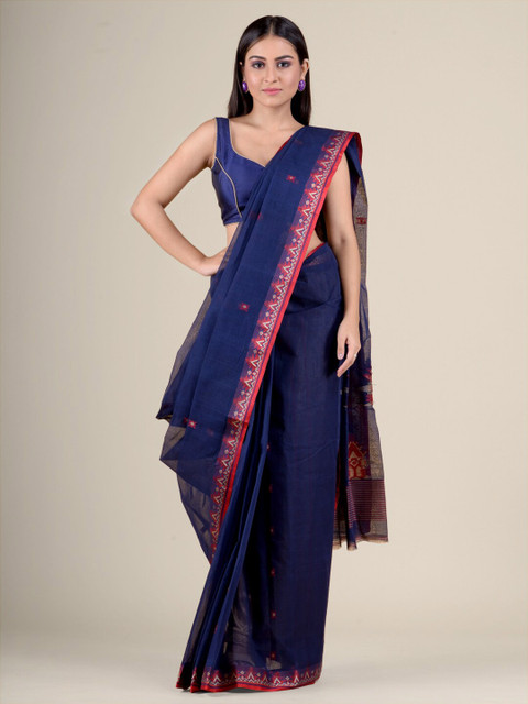 

Charukriti Blue & Red Woven Design Pure Cotton Taant Saree
