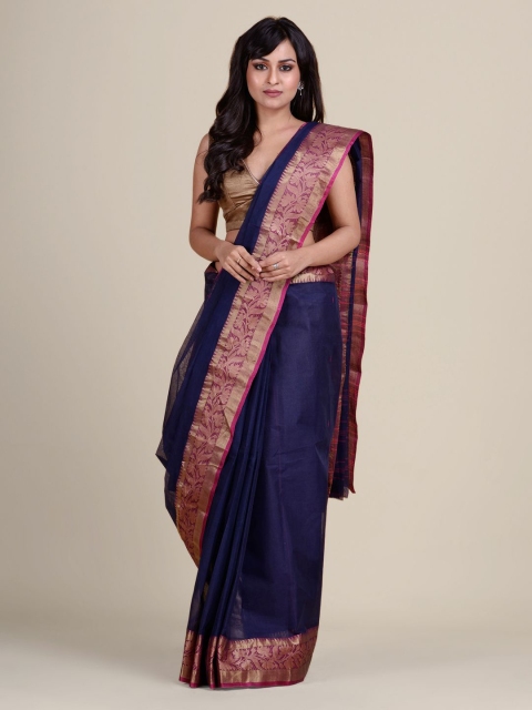 

Charukriti Blue & Pink Woven Design Pure Cotton Taant Saree