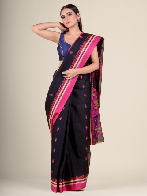 

Charukriti Black & Orange Woven Design Pure Cotton Taant Saree