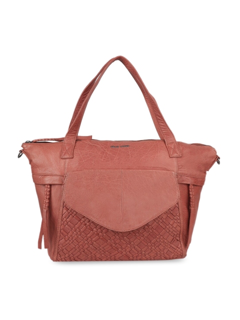 

PELLE LUXUR Women Coral Pink Leather Oversized Bucket Sling Bag with Cut Work