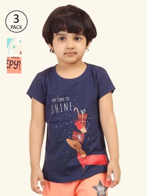 

minnow Girls Green, Coral & Navy Blue Printed T-shirt Pack Of 3