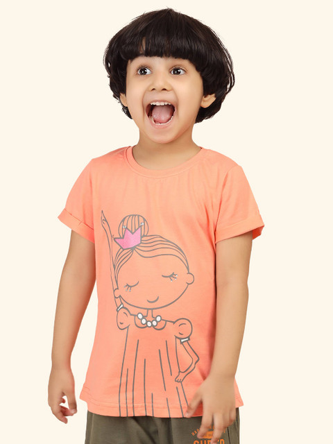 

minnow Girls Peach-Coloured & Black Set of 3 Printed T-shirts