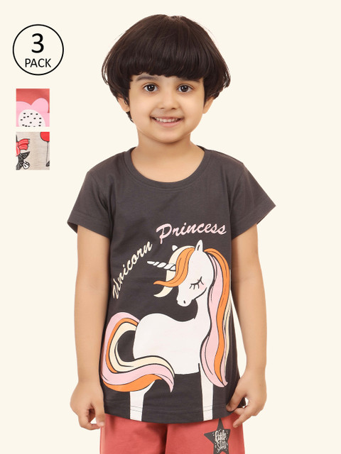 

minnow Girls Mauve & Coffee Brown 3 Printed Pure Cotton T-shirt