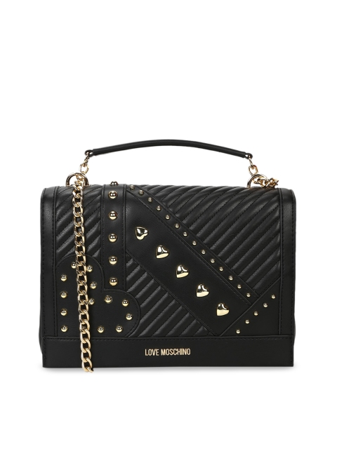 

LOVE MOSCHINO Black Embellished Leather Structured Satchel with Quilted