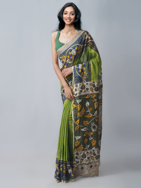 

Unnati Silks Green & Yellow Kalamkari Pure Cotton Kanjeevaram Saree