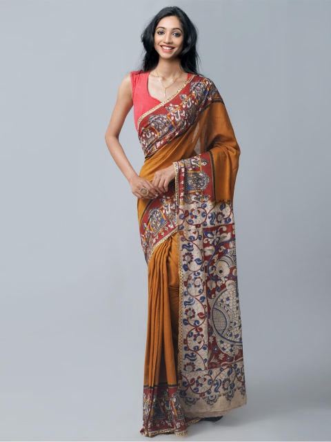 

Unnati Silks Brown & White Kalamkari Pure Cotton Handloom Saree