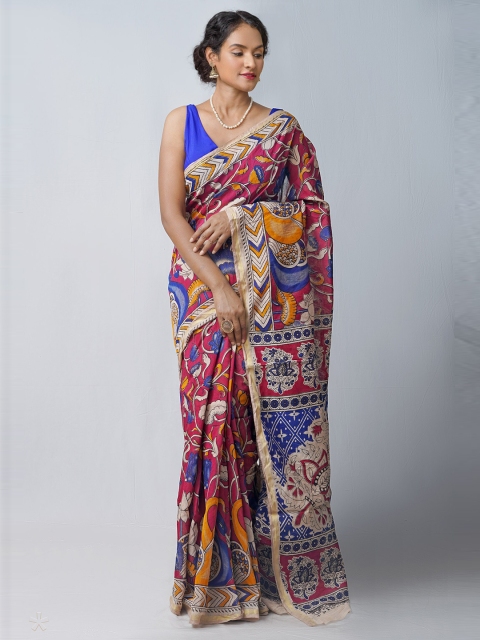 

Unnati Silks Red & Yellow Printed Kalamkari Silk Cotton Kanjeevaram Saree