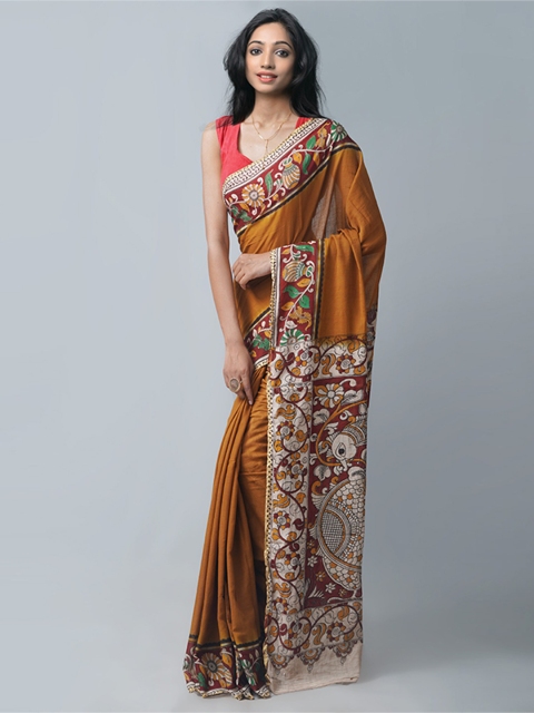 

Unnati Silks Brown & White Kalamkari Pure Cotton Kanjeevaram Saree