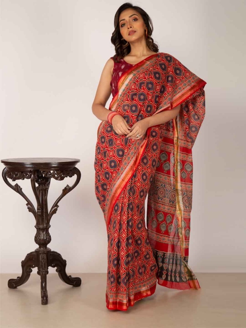 

Unnati Silks Red & Blue Pure Cotton Ajrakh Handloom Kota Saree