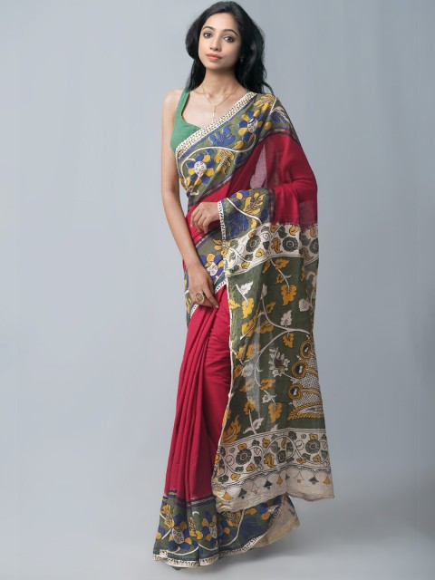 

Unnati Silks Maroon & Green Kalamkari Pure Cotton Kanjeevaram Saree