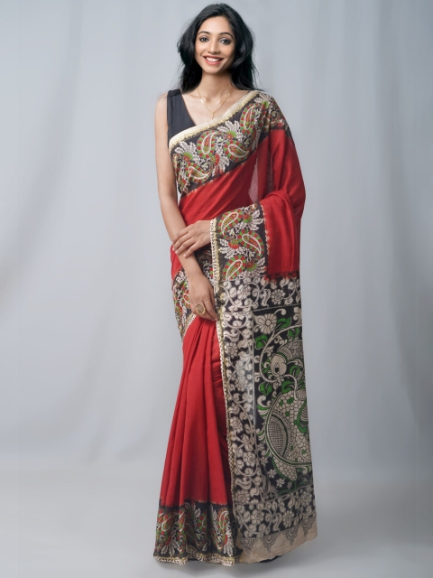 

Unnati Silks Red & Grey Printed Kalamkari Pure Cotton Kanjeevaram Saree