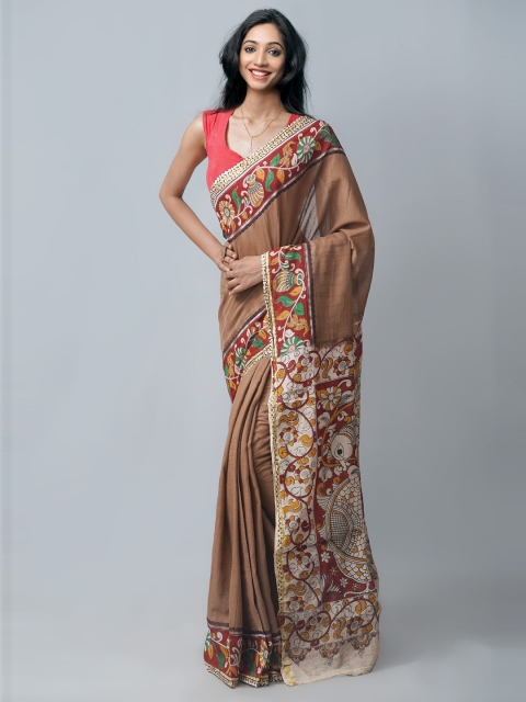 

Unnati Silks Brown & Cream-Coloured Kalamkari Pure Cotton Kanjeevaram Saree