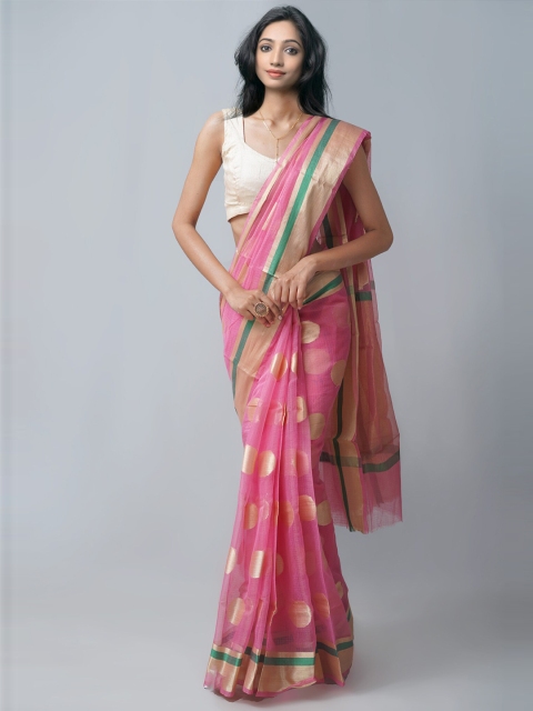 

Unnati Silks Peach-Coloured & Gold-Toned Woven Design Zari Silk Cotton Kota Saree