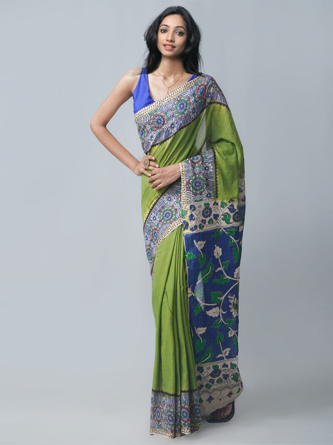 

Unnati Silks Green & Blue Kalamkari Pure Cotton Kanjeevaram Saree