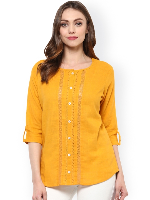 

Avanna Mustard Yellow Slub Cambric Shirt-Style Top