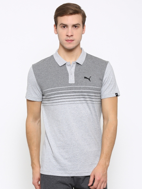 

PUMA Men Grey Solid Slim Fit Striped Jersey Polo T-shirt