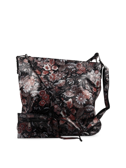 

ODETTE Women Black Floral Embellished Leather Bucket Handheld Bag