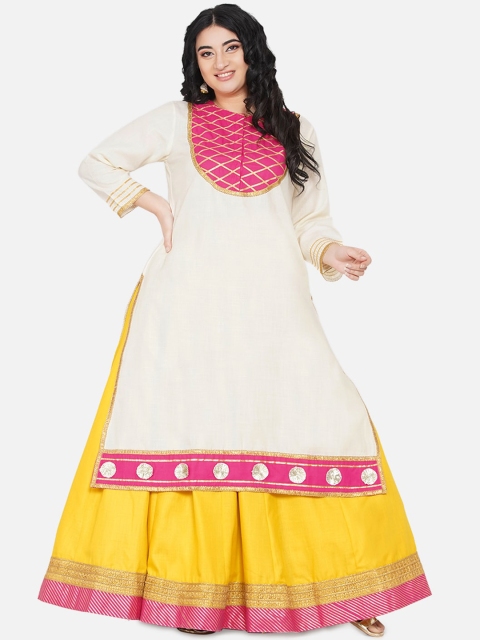 

Love More Plus Size Women White & Yellow Yoke Design Kurta with Skirt