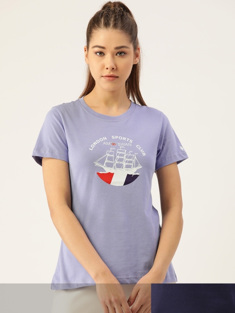 

AM SWAN Women Pack of 2 Pure Cotton Printed T-shirts, Navy blue