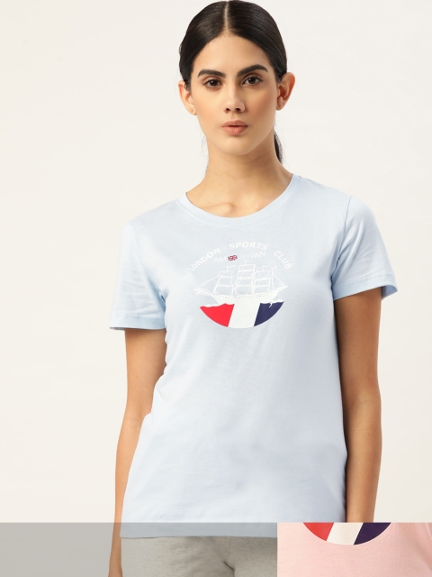 

AM SWAN Women Pack of 2 Printed Pure Cotton T-shirts, Blue