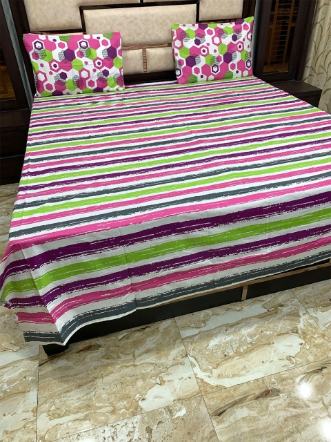

Pure Decor Pink & Green 180 TC Queen Striped Cotton Bedsheet with 2 Pillow Covers
