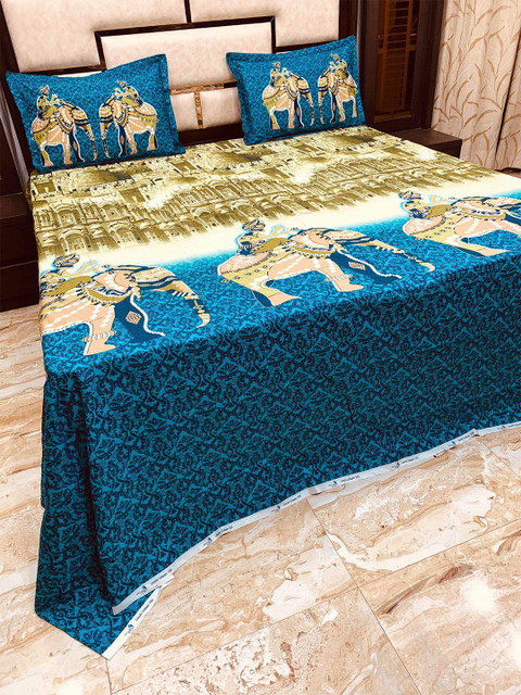 

Pure Decor Blue & Brown 400 TC King Ethnic Motifs Cotton Bedsheet with 2 Pillow Covers