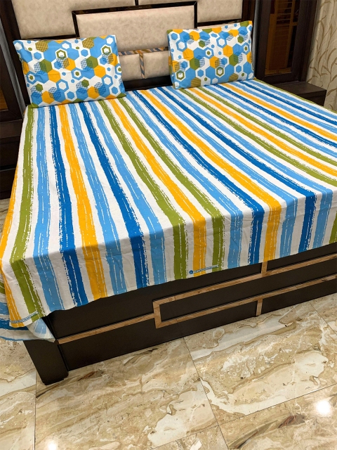

Pure Decor Blue & Yellow Geometric 180 TC Queen Bedsheet with 2 Pillow Covers