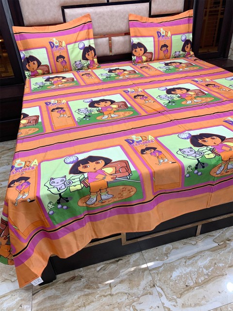 

Pure Decor Orange & Pink Cartoon Characters 300 TC Queen Bedsheet with 2 Pillow Covers