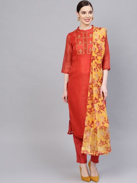 

Jaipur Kurti Women Red Yoke Design Pleated Chanderi Cotton Top with Churidar & With Dupatta