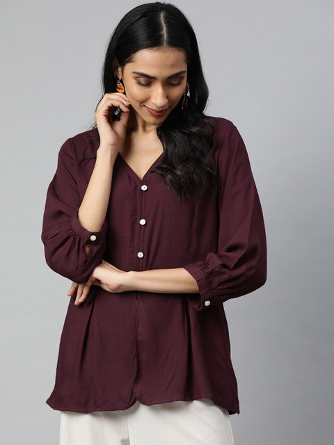 

Jaipur Kurti Burgundy Mandarin Collar Top