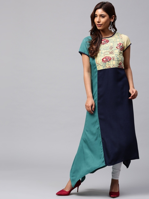 

Jaipur Kurti Blue Yoke Design Embroidered Kurta