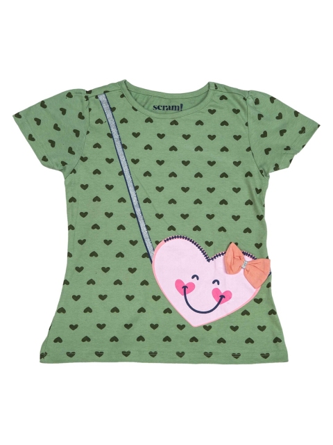 

SCRAM Girls Green Printed V-Neck Applique T-shirt