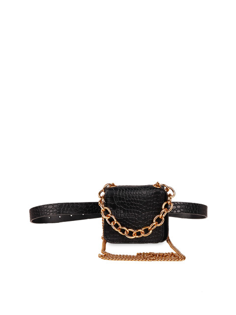 

ODETTE Black Textured Leather Structured Sling Bag with Fringed