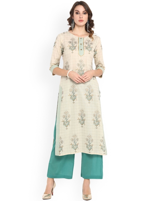 

Janasya Women Off White Floral Embroidered Flared Sleeves Floral Kurta