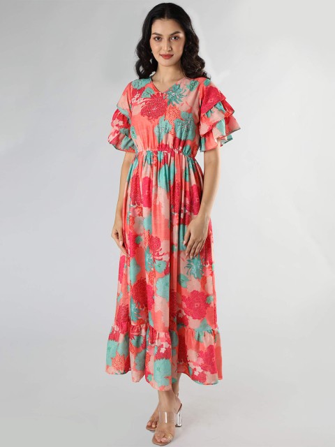 

taruni Peach-Coloured & Blue Floral Printed V-Neck Flared Sleeves Modal Kurti