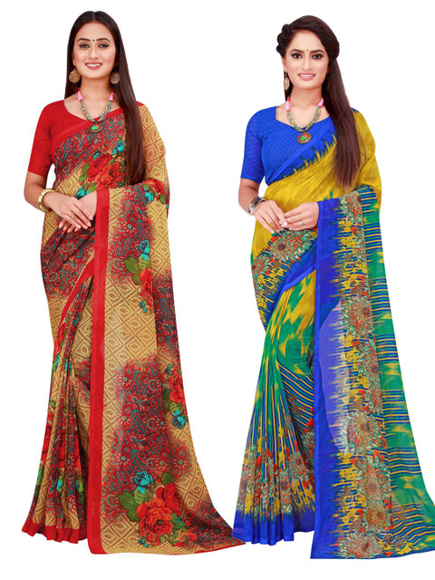 

Florence Blue & Beige Set Of 2 Floral Pure Georgette Saree