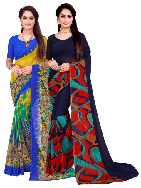 

Florence Navy Blue & Red Pack of 2 Floral Pure Georgette Saree
