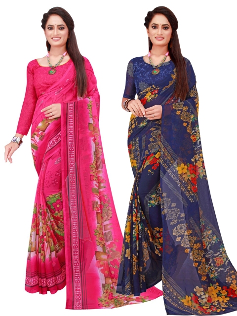 

Florence Navy Blue & Magenta Floral Pack of 2 Pure Georgette Saree
