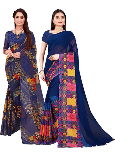 

Florence Navy Blue & Yellow Floral Pack of 2 Pure Georgette Saree