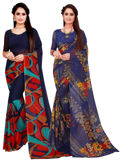 

Florence Navy Blue & Red Geometric Pack of 2 Pure Georgette Saree