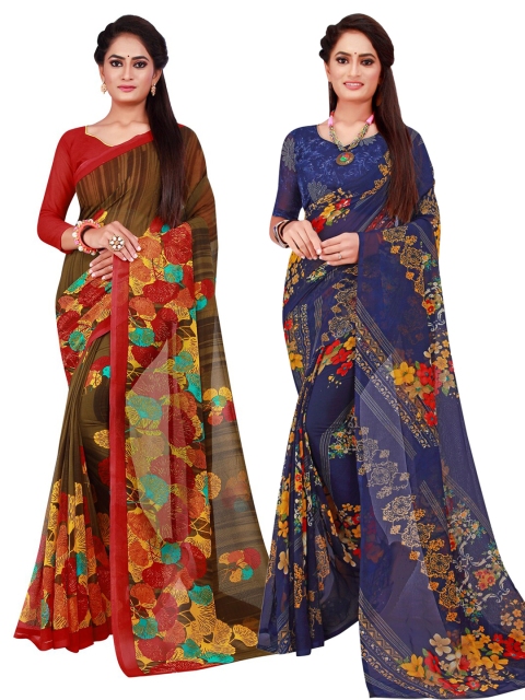 

Florence Navy Blue & Brown Floral Pack of 2 Pure Georgette Saree