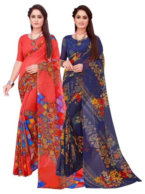 

Florence Navy Blue & Red Geometric Print Pack of 2 Pure Georgette Saree
