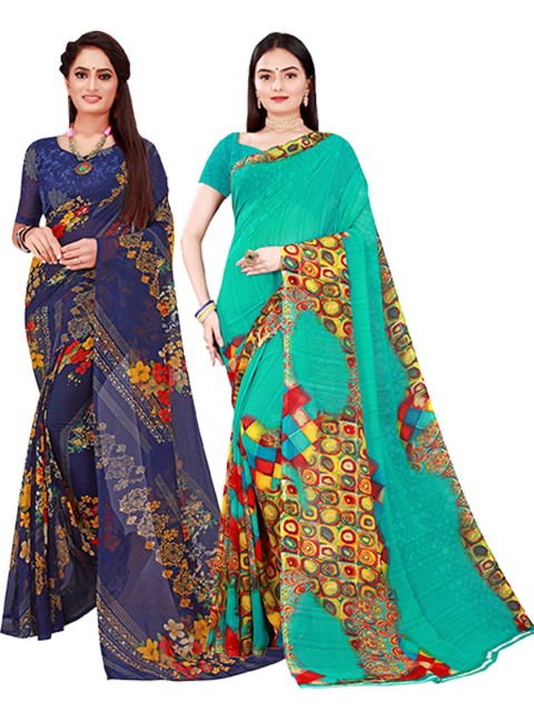 

Florence Navy Blue & Green Geometric Print Pack of 2 Pure Georgette Saree