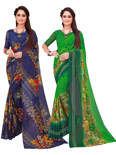 

Florence Navy Blue & Green Geometric Print Pack of 2 Pure Georgette Saree