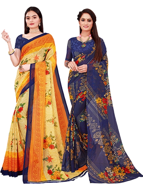 

Florence Beige & Navy Blue Floral Pack Of 2 Pure Georgette Saree